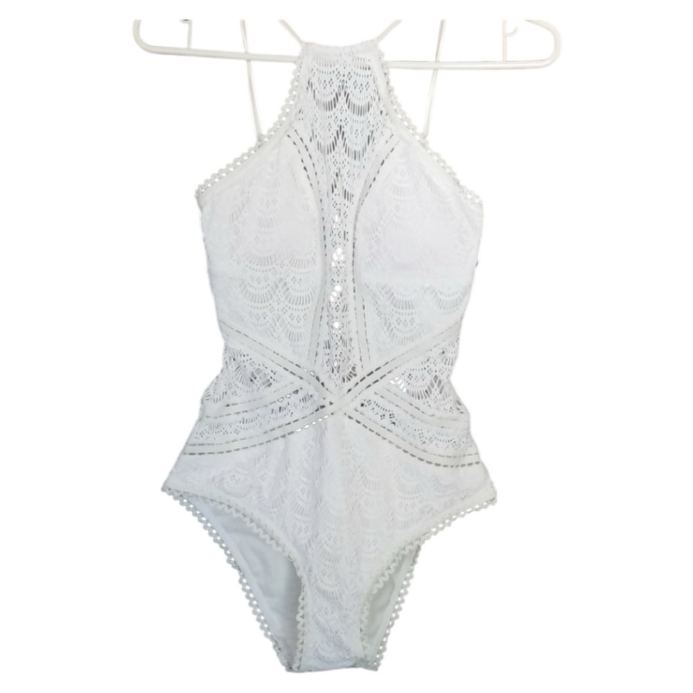 🤍 BECCA Prarie Rose WHITE High Neck Halter CROCHET LACE One Piece SWIMSUIT | S - Picture 13 of 15